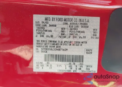 2003 Ford F-150 Lariat/Xl/Xlt from USA, damaged, VIN 1FTRX18L33NB71629